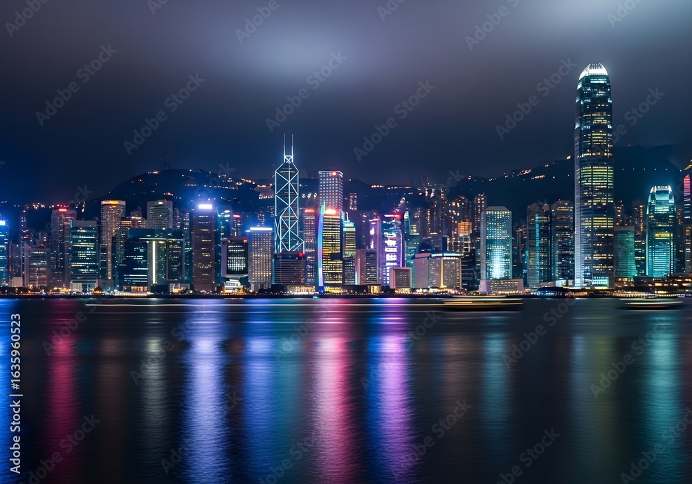 Fototapeta premium Hong kongs vibrant skyline at night reflecting in the water creates a stunning cityscape