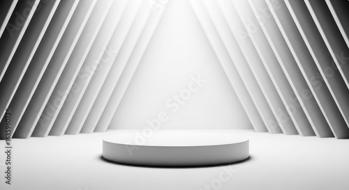 White cylindrical stage with layered geometric walls and bright spotlight above