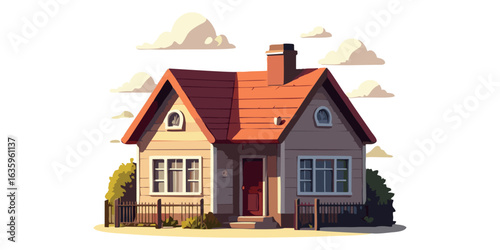 Vector illustration of a classic residential house. A quaint home with a red roof, ideal for real estate or housing concepts.