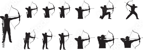 Archery silhouette vector set: archer bow arrow target sport competition aiming training precision skill 100