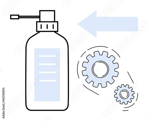 Bottle with applicator alongside rotating gears and directional arrow. Ideal for maintenance, efficiency, mechanics, engineering, lubrication, manufacturing, repair. Clean simple flat metaphor