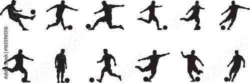 Soccer players silhouettes vector art: football game, sport, action, kick, dribble, pass, score, goal, team