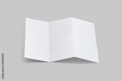 Blank trifold open leaflet, three panel fold with shadows mockup template on background .Open booklet, thank you card, notecards, flyer, greeting card, wedding invitation, postcard, brochure. Vector
