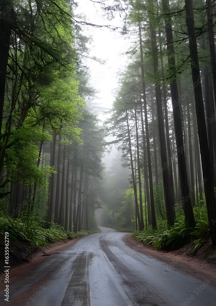 Obraz premium 5. A foggy forest road with tall trees on both sides