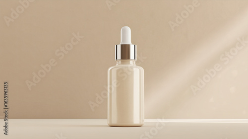 A minimalist product image of a blank cosmetic dropper bottle without text or logo, displayed on a light beige background for branding use.