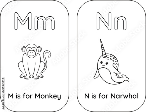Isolated alphabet flashcards with Letters M and N