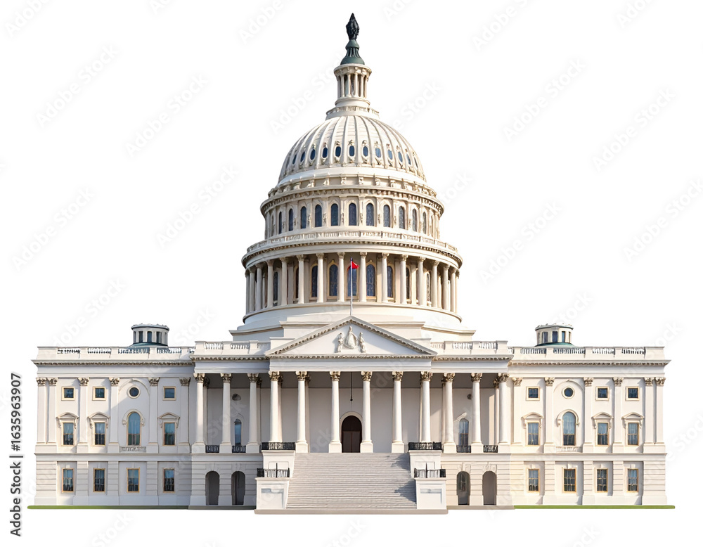 Obraz premium Front View of United States Capitol Building with Detailed Dome, PNG Architecture Landmark Isolated on Transparent Background