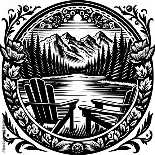 Serene Lake View Illustration: A black and white illustration captures a peaceful scene of Adirondack chairs facing a tranquil lake and majestic mountains, framed by natural elements.