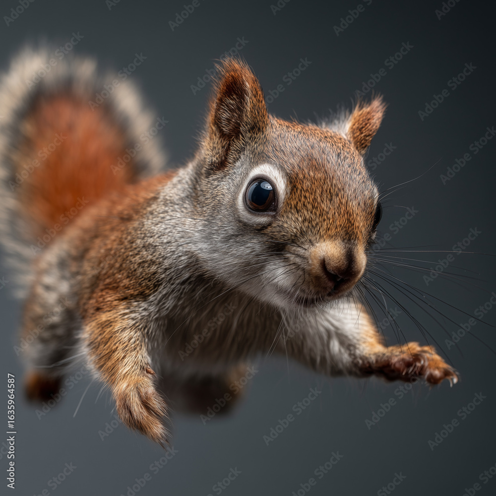 Obraz premium Red squirrel in midair, close-up view