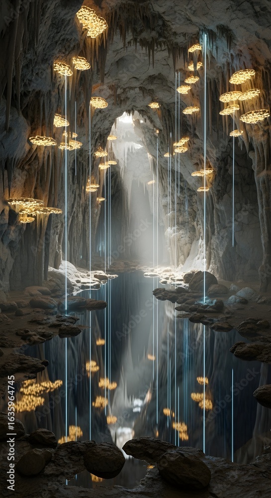 Obraz premium A mesmerizing cave interior with a waterfall, glowing formations, and serene reflections