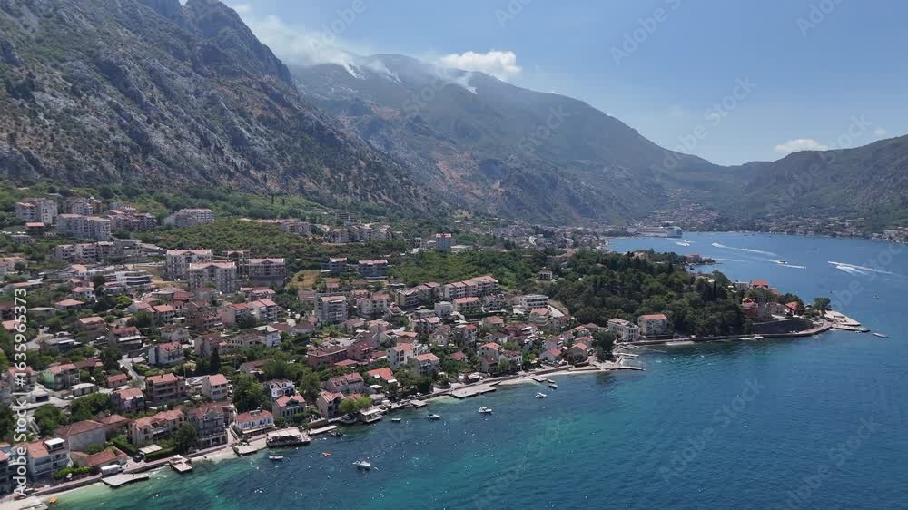 Aerial drone view bay of kotor old coastal town city montenegro balkan country balkans Adriatic Sea Aerial drone view bay of kotor old coastal town city montenegro balkan country balkans Adriatic Sea