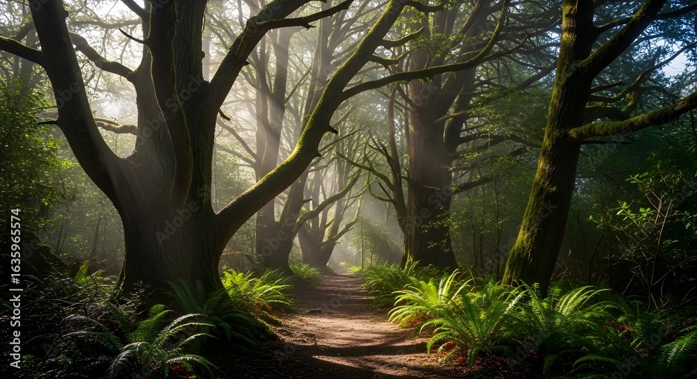 Fototapeta premium A scenic path winds through a lush forest with sunlight filtering through the trees