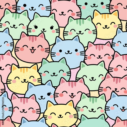 A dense and cheerful seamless pattern is completely filled with a crowd of adorable, colorful cat faces in a cute kawaii style.