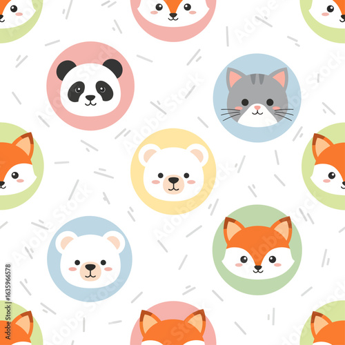 A cute and sweet seamless pattern features the cartoon faces of various animals, including pandas, cats, foxes, and polar bears, inside pastel-colored circles.