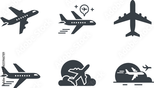 Collection of airplane icons representing travel and aviation, including different styles and perspectives of aircraft in flight