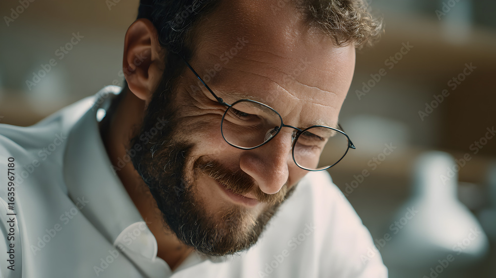 Fototapeta premium Portrait of a Smiling Man with Glasses and a Beard, Lost in Thought