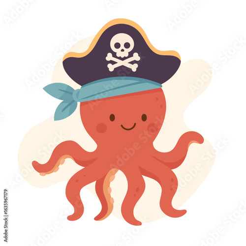 A playful cartoon octopus dressed as a pirate, complete with a hat featuring a skull and crossbones, and a bandana, ready for underwater adventures.