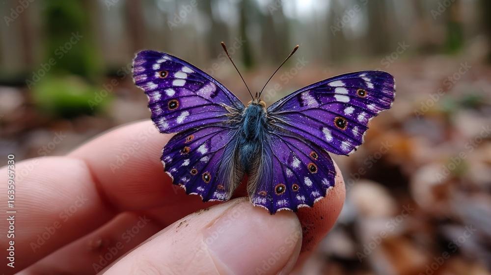 Naklejka premium Child's finger gently holds a purple Emperor butterfly in Surrey woodland