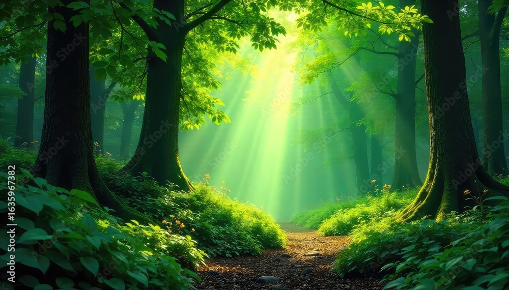 Obraz premium Lush green forest teeming with life, sunlight dappling through the canopy, creating a magical atmosphere Perfect for nature, environmental, and travel themes , shrubs, magical