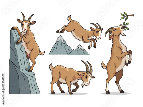 Playful Goats in Natural Habitats: Lively goats frolic and explore in a charming illustration, showcasing their natural behavior.