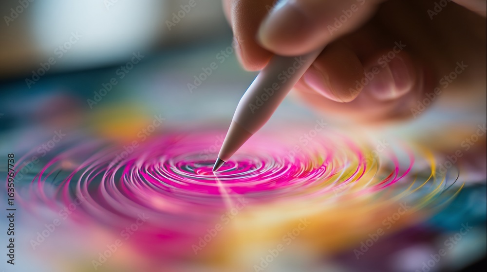 Obraz premium Hand holding stylus creating digital art, drawing colorful swirls on a tablet screen