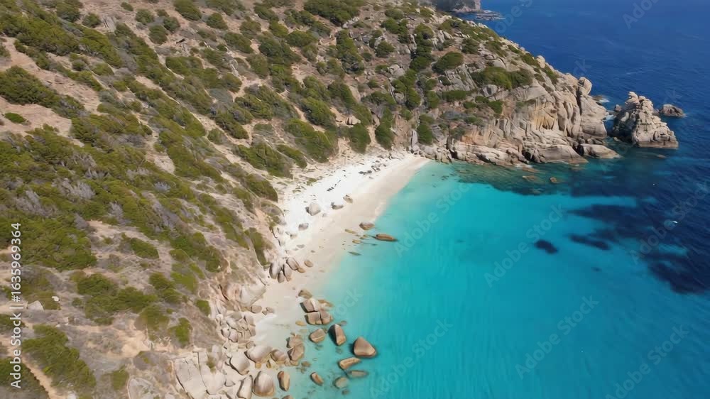 Aerial View of Pristine Rocky Beach with Turquoise Water and Lush Vegetation Aerial View of Pristine Rocky Beach with Turquoise Water and Lush Vegetation