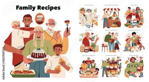 Family Cooking and Sharing Recipes Vector Illustration