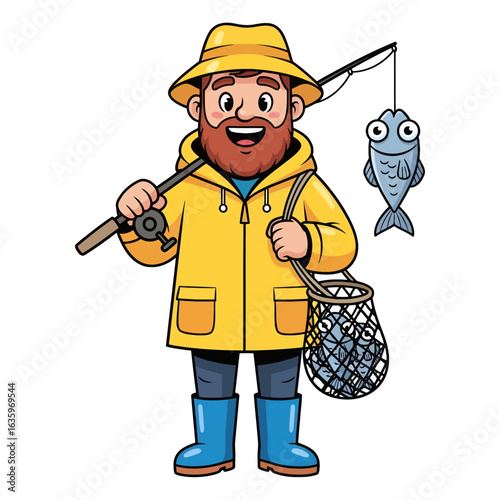 Cheerful cartoon fisherman character in a yellow raincoat holding a fishing rod and a net full of freshly caught fish.