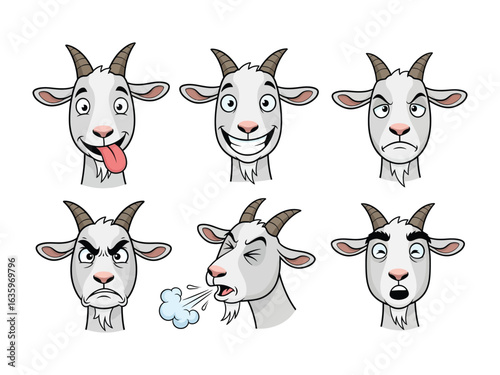 Goat Cartoon Expressions: A charming set of cartoon goats showcasing a spectrum of emotions, bringing lightheartedness and expression to various applications.
