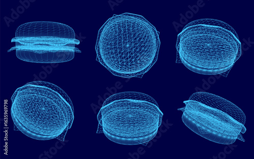 Six 3D wireframe hamburgers arranged symmetrically on a vibrant blue background, each with unique shapes and textures. The clean wireframe design contrasts sharply against the solid blue.