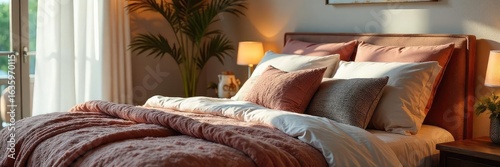 Luxurious bedroom scene featuring a plush bedspread and an array of decorative cushions in various textures and colors, creating a cozy and inviting atmosphere , bedspread, soft