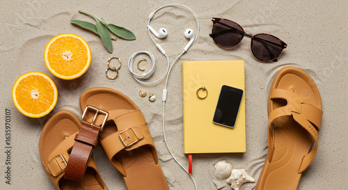 leisure and summer holidays concept - slippers, orange, earbuds, book and sunglasses on beach sand