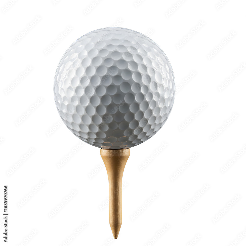 Golf Ball on Tee: A pristine golf ball, textured with dimples, poised on a wooden tee against a clean backdrop. Capturing the elegance of sport. Golf Ball on Tee: A pristine golf ball, textured with dimples, poised on a wooden tee against a clean backdrop. Capturing the elegance of sport.