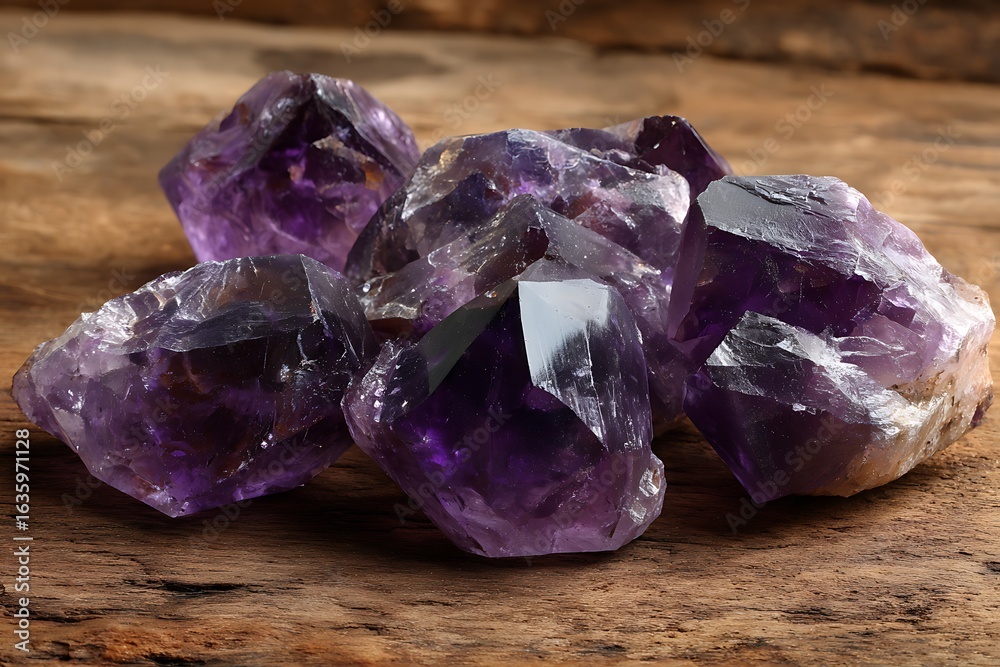 Fototapeta premium Amethyst crystals glowing on wood surface in deep hues 