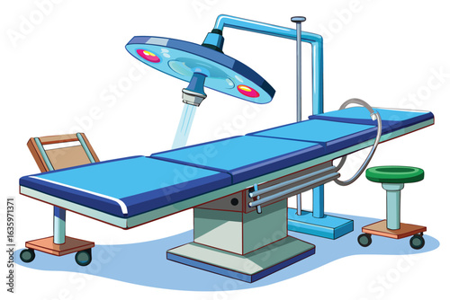 Cartoon Surgical Theater Scene with Operating Table, Light and Rolling Stool Depicts Medical Examination Room Setup