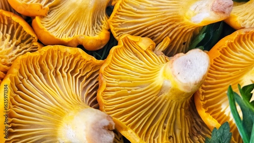 Macro close-up of fresh golden chanterelle mushrooms showing vibrant yellow-orange gills and natural texture. 
