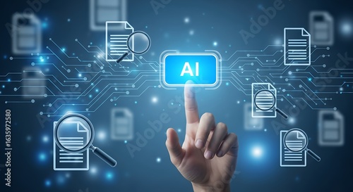 Artificial Intelligence Technology Concept Hand Selecting AI Button with Documents and Circuitry Background for Data Analysis and Automation