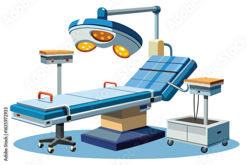 Detailed Cartoon Illustration of an Operating Room with Surgical Table and Lighting Fixtures for Medical or Educational Purposes