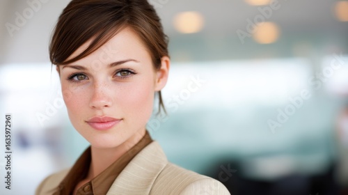 Free Download A confident young woman in a light blazer stands in a modern office with glass walls, - GFXLoad