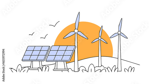 windmill turbines and solar panels generating green energy electric clean and environmental technology photovoltaic power station and wind turbines at sunset