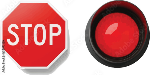 Red stop sign and red traffic light isolated on white background
