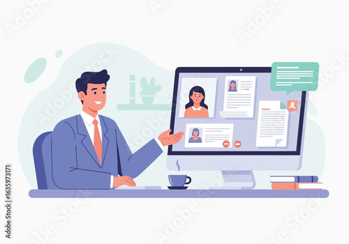 Vector art of businessman conducting an online interview or meeting via computer, discussing candidate profiles and resumes, isolated on white background