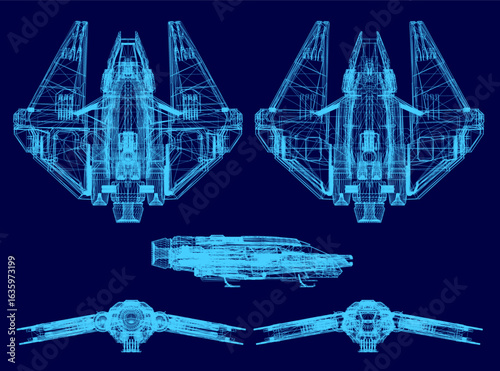 A detailed blueprint of a fighter features intricate wireframe components like wings, engines, and structural elements. The white technical lines contrast sharply against the solid.