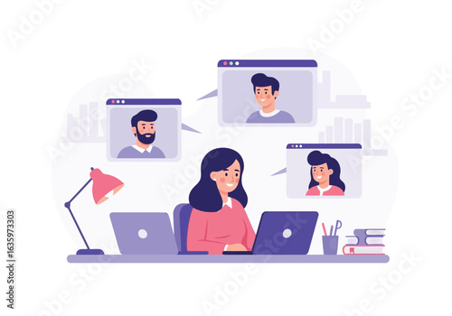 Vector art of online video conference meeting with team communication and collaboration, remote work illustration