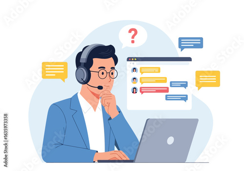 Vector art of customer service agent with headset and laptop, thinking about a question, surrounded by chat bubbles and online messages, representing support and communication