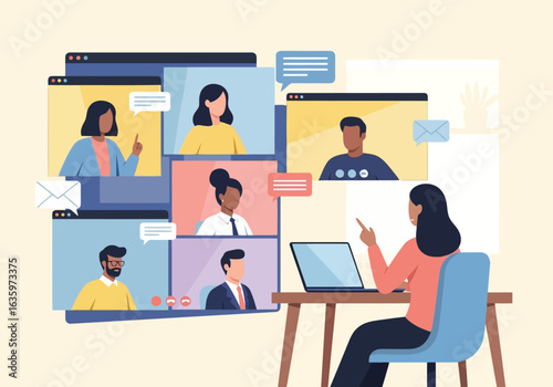 Vector art of group online video conference meeting with team communication and collaboration, remote business work illustration