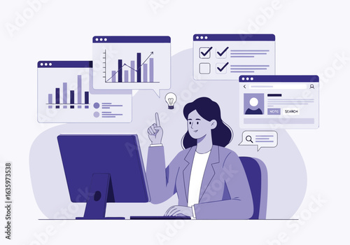 Vector art of a focused businesswoman analyzing financial charts and data on her computer screen, symbolizing business growth and strategic planning