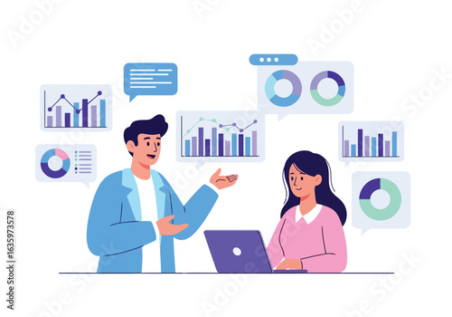 Vector art of business professionals discussing data and analytics with charts and graphs, isolated on white background