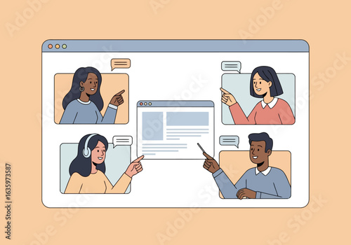 Vector art of diverse team collaborating remotely in a video conference, discussing ideas and projects on a shared online platform, showcasing modern business communication and teamwork