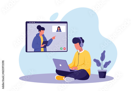 Vector art of a student sitting on the floor with a laptop, participating in an online video class, interacting with a teacher on screen, representing remote education and digital learning